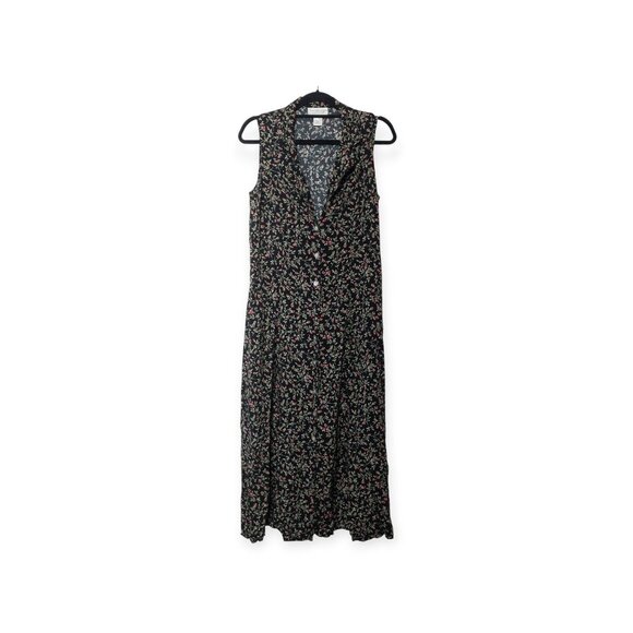 Vintage 90s Giorgio Sant Angelo Black Floral Button Down Sleeveless Dress Rose - Picture 1 of 8